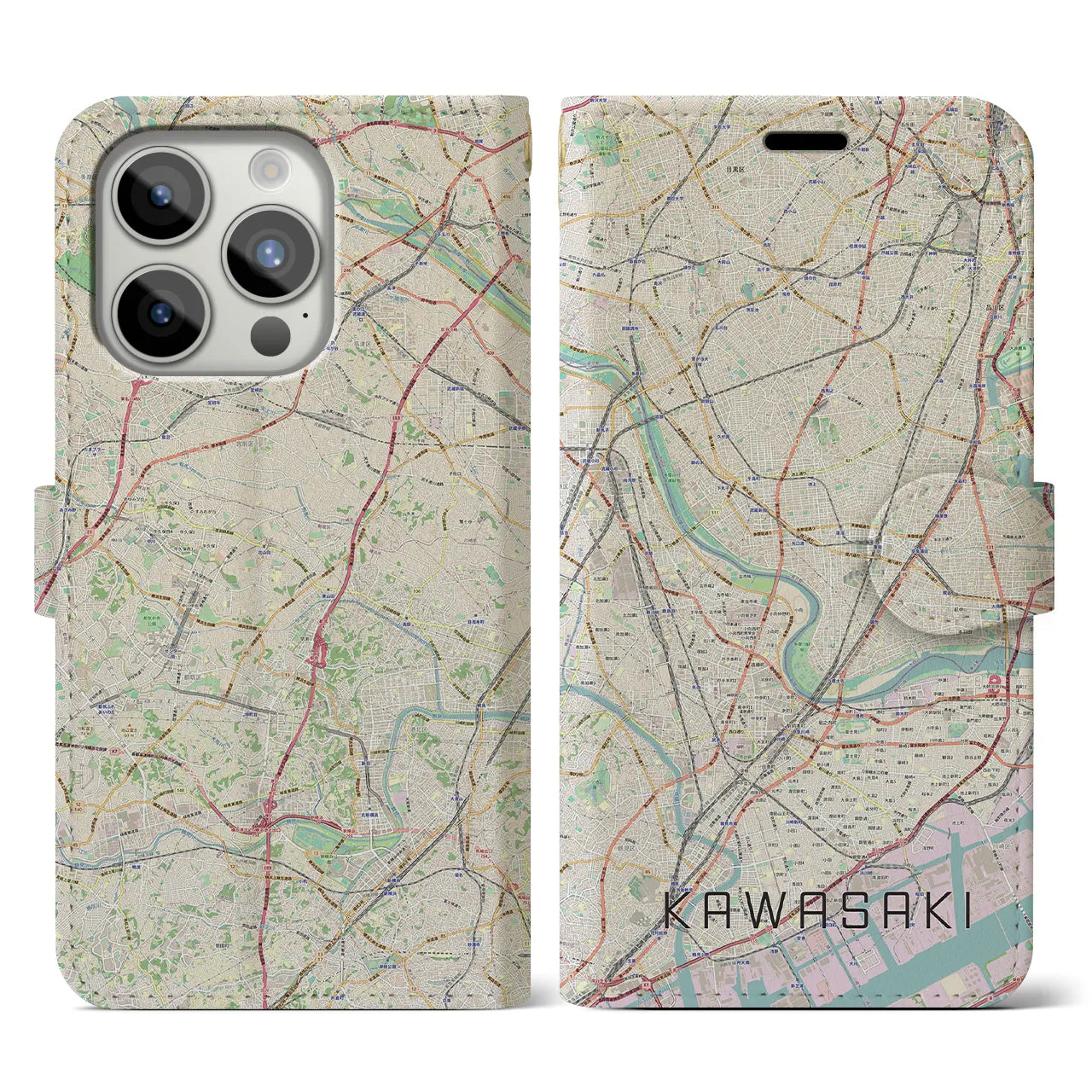 【川崎(神奈川県)】地図柄iPhoneケース(手帳タイプ)ナチュラル・iPhone 15 Pro 用