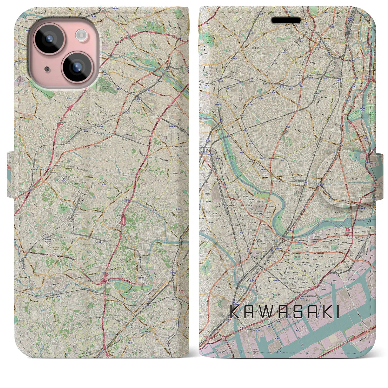 【川崎(神奈川県)】地図柄iPhoneケース(手帳タイプ)ナチュラル・iPhone 15 Plus 用