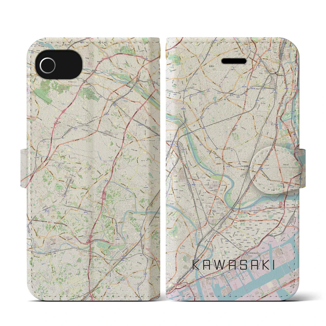 【川崎(神奈川県)】地図柄iPhoneケース(手帳タイプ)ナチュラル・iPhone SE(第3 / 第2世代) / 8 / 7 / 6s / 6 用