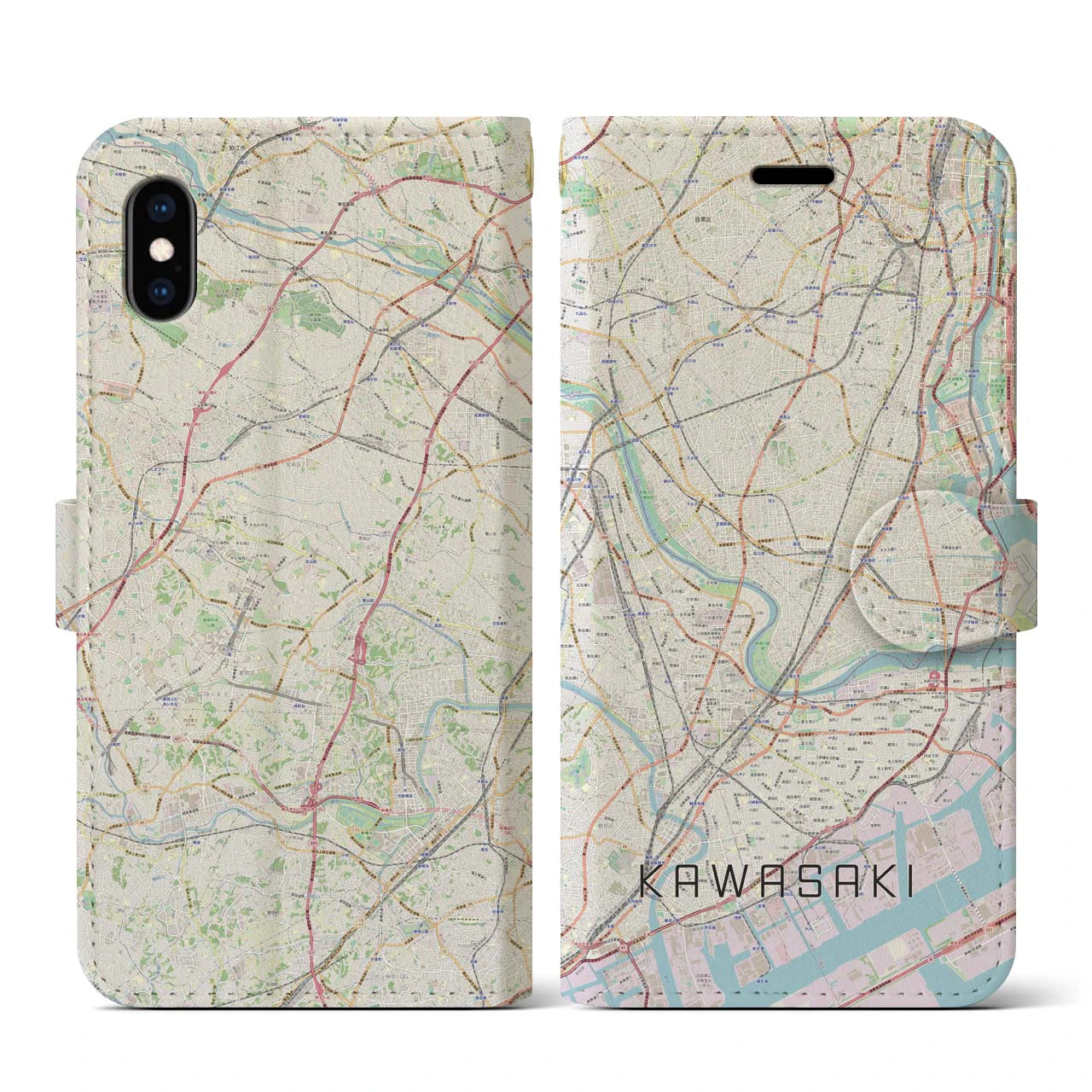 【川崎(神奈川県)】地図柄iPhoneケース(手帳タイプ)ナチュラル・iPhone XS / X 用