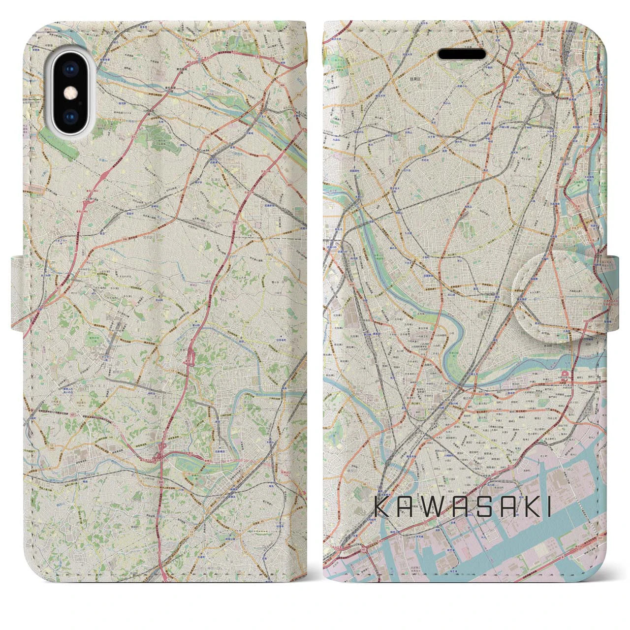 【川崎(神奈川県)】地図柄iPhoneケース(手帳タイプ)ナチュラル・iPhone XS Max 用
