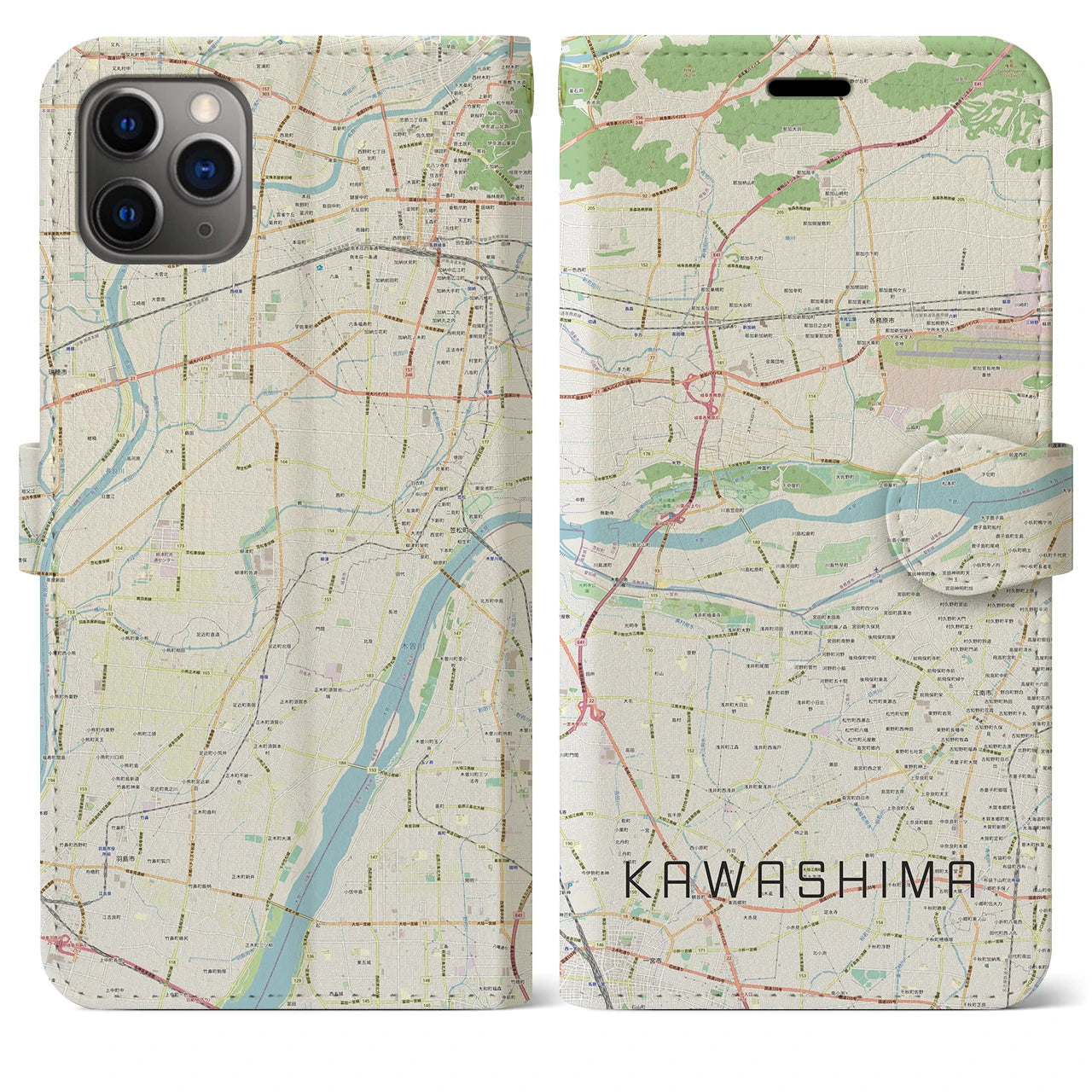 【川島(岐阜県)】地図柄iPhoneケース(手帳タイプ)ナチュラル・iPhone 11 Pro Max 用