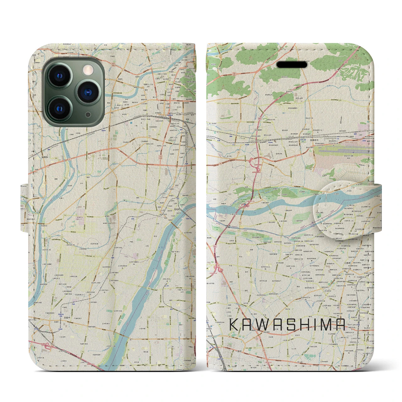 【川島(岐阜県)】地図柄iPhoneケース(手帳タイプ)ナチュラル・iPhone 11 Pro 用