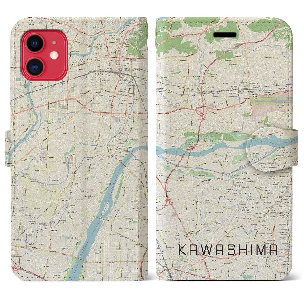 【川島(岐阜県)】地図柄iPhoneケース(手帳タイプ)ナチュラル・iPhone 11 用