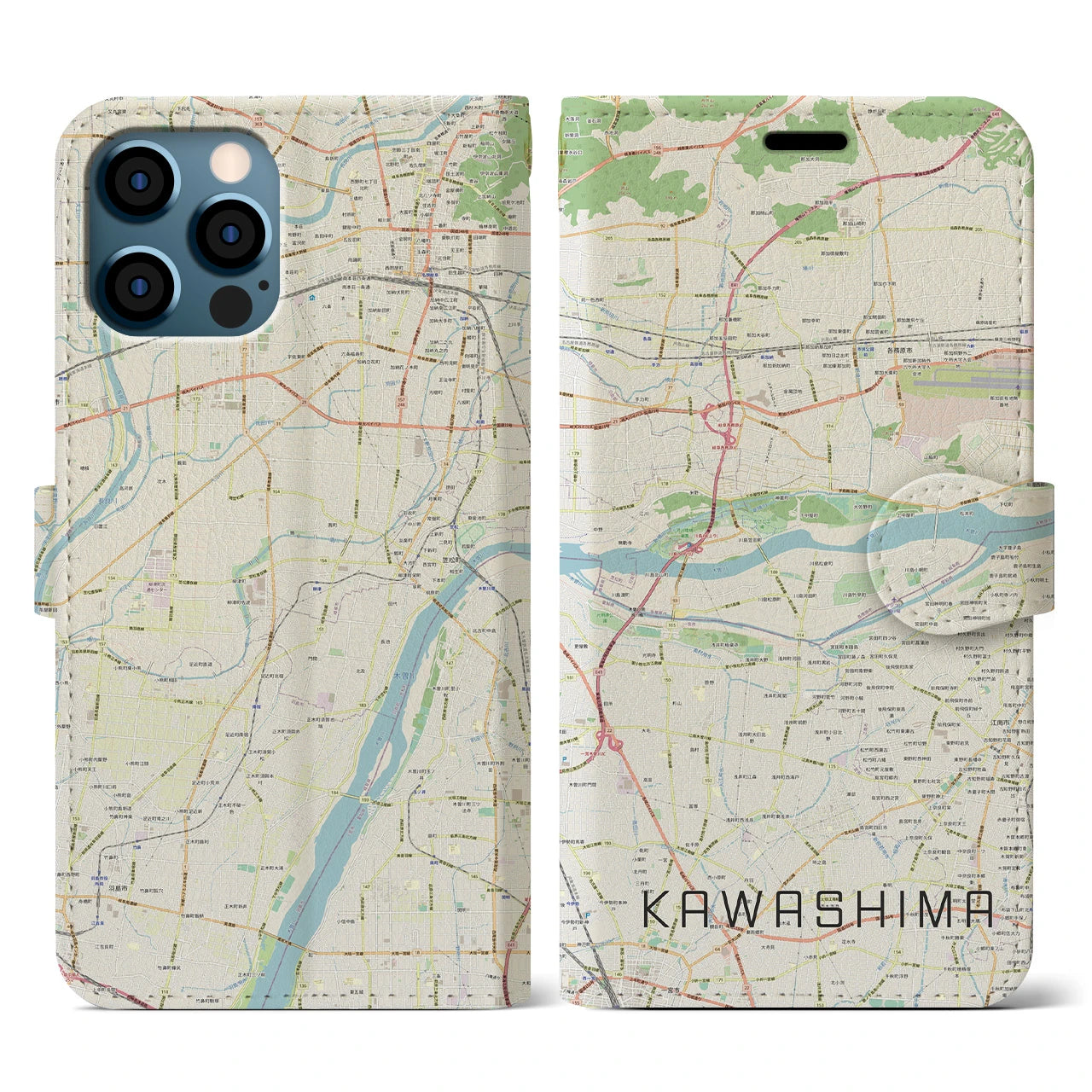 【川島(岐阜県)】地図柄iPhoneケース(手帳タイプ)ナチュラル・iPhone 12 / 12 Pro 用