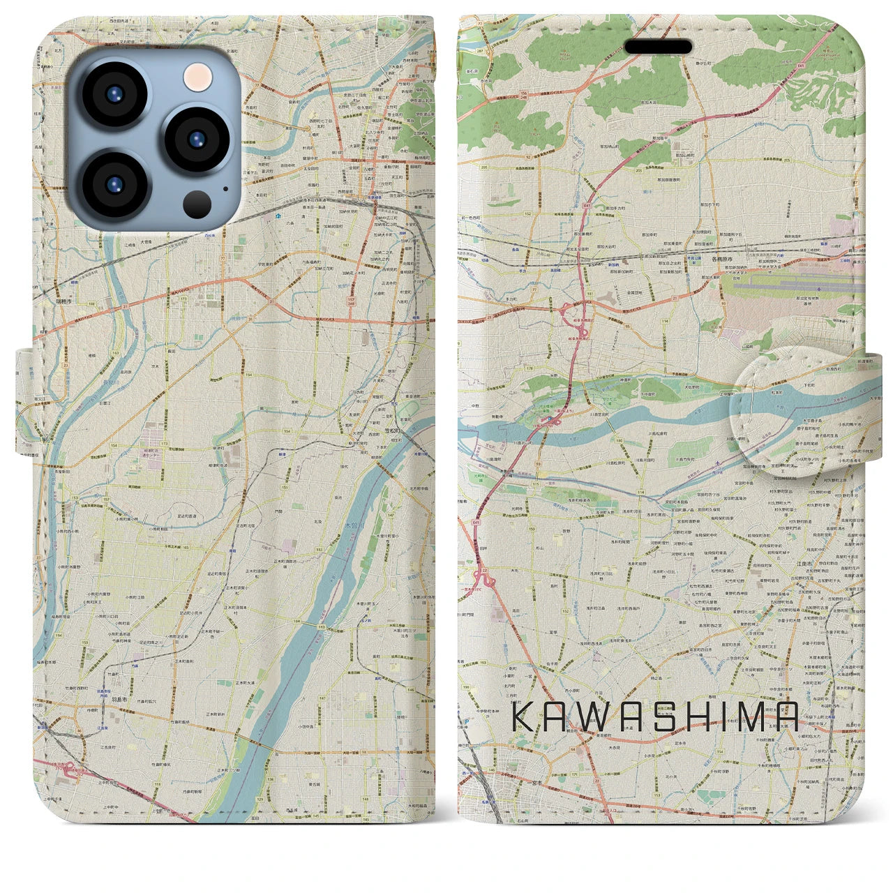 【川島(岐阜県)】地図柄iPhoneケース(手帳タイプ)ナチュラル・iPhone 13 Pro Max 用