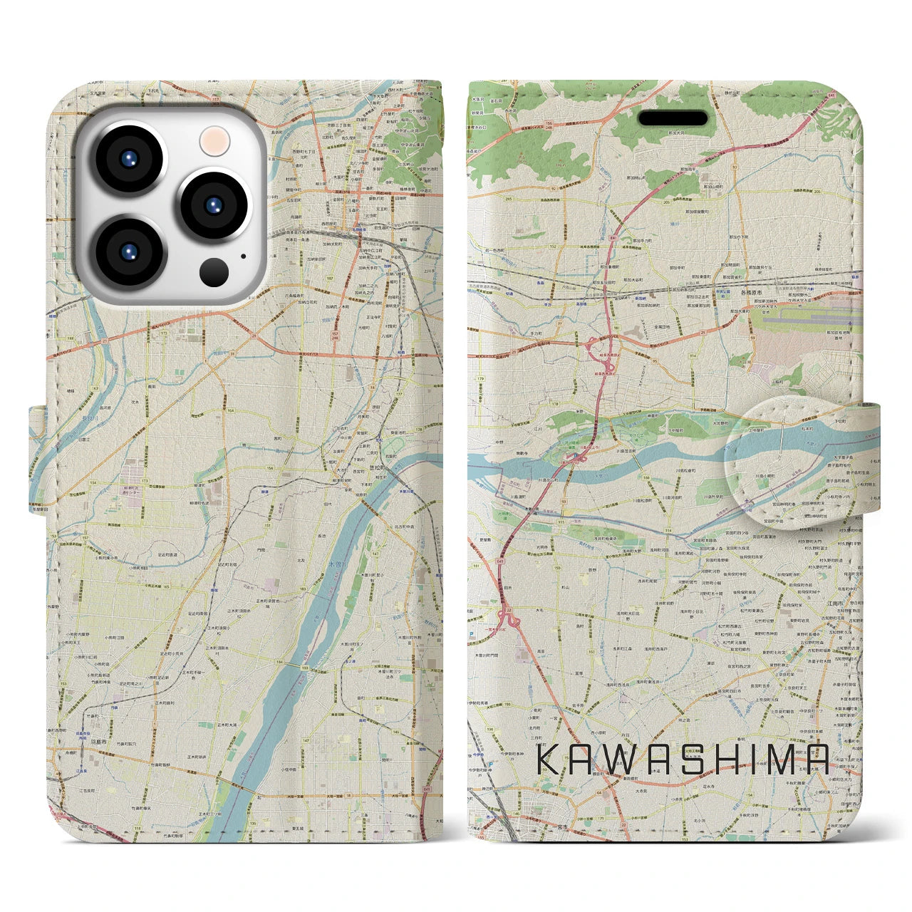 【川島(岐阜県)】地図柄iPhoneケース(手帳タイプ)ナチュラル・iPhone 13 Pro 用