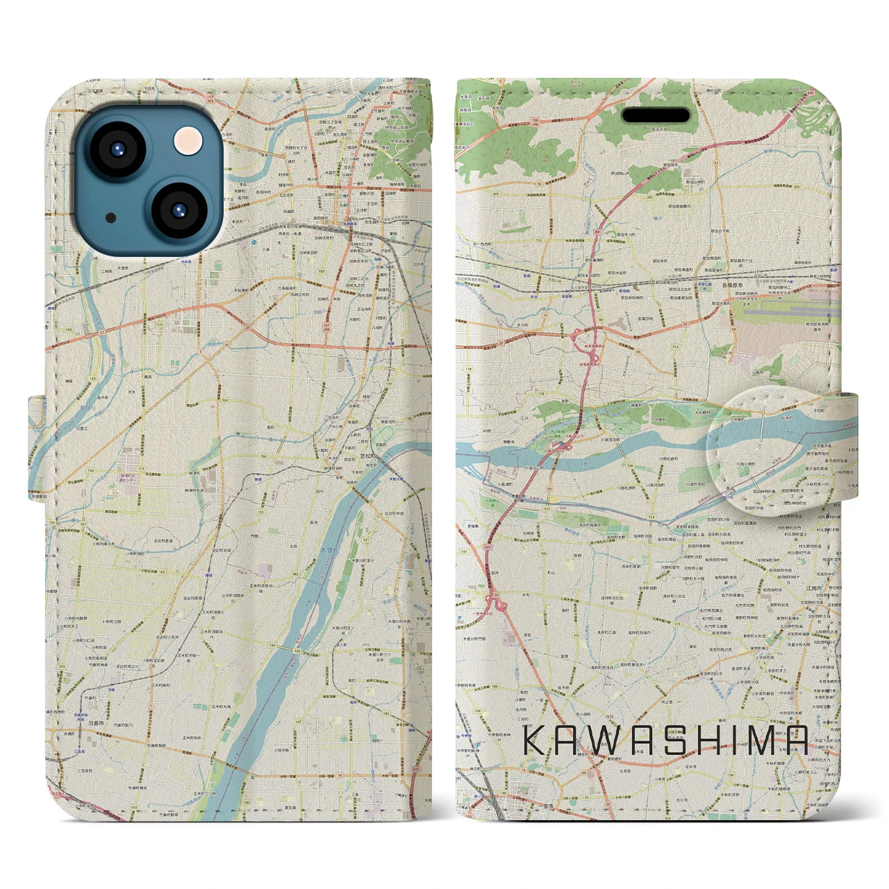 【川島(岐阜県)】地図柄iPhoneケース(手帳タイプ)ナチュラル・iPhone 13 用