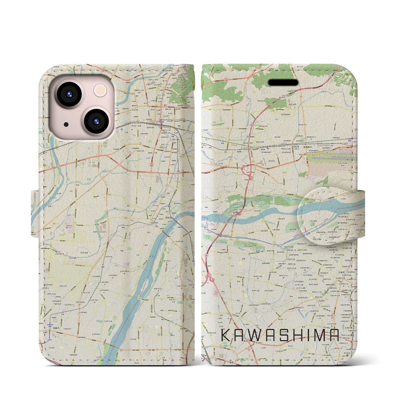 【川島(岐阜県)】地図柄iPhoneケース(手帳タイプ)ナチュラル・iPhone 13 mini 用