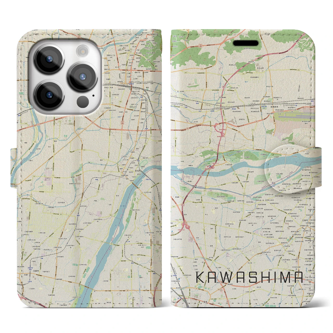 【川島(岐阜県)】地図柄iPhoneケース(手帳タイプ)ナチュラル・iPhone 14 Pro 用