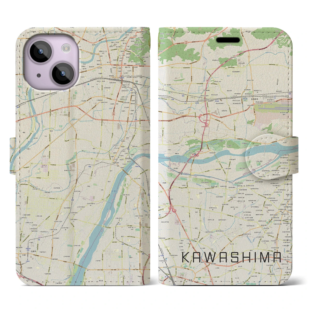 【川島(岐阜県)】地図柄iPhoneケース(手帳タイプ)ナチュラル・iPhone 14 用