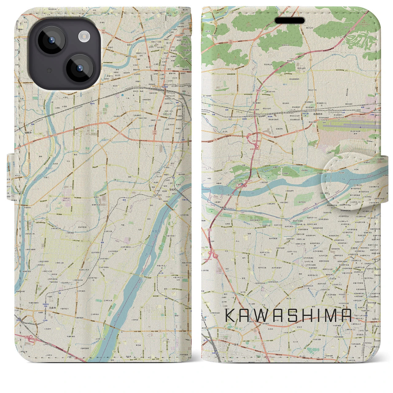 【川島(岐阜県)】地図柄iPhoneケース(手帳タイプ)ナチュラル・iPhone 14 Plus 用