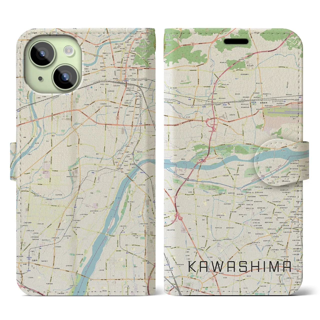 【川島(岐阜県)】地図柄iPhoneケース(手帳タイプ)ナチュラル・iPhone 15 用