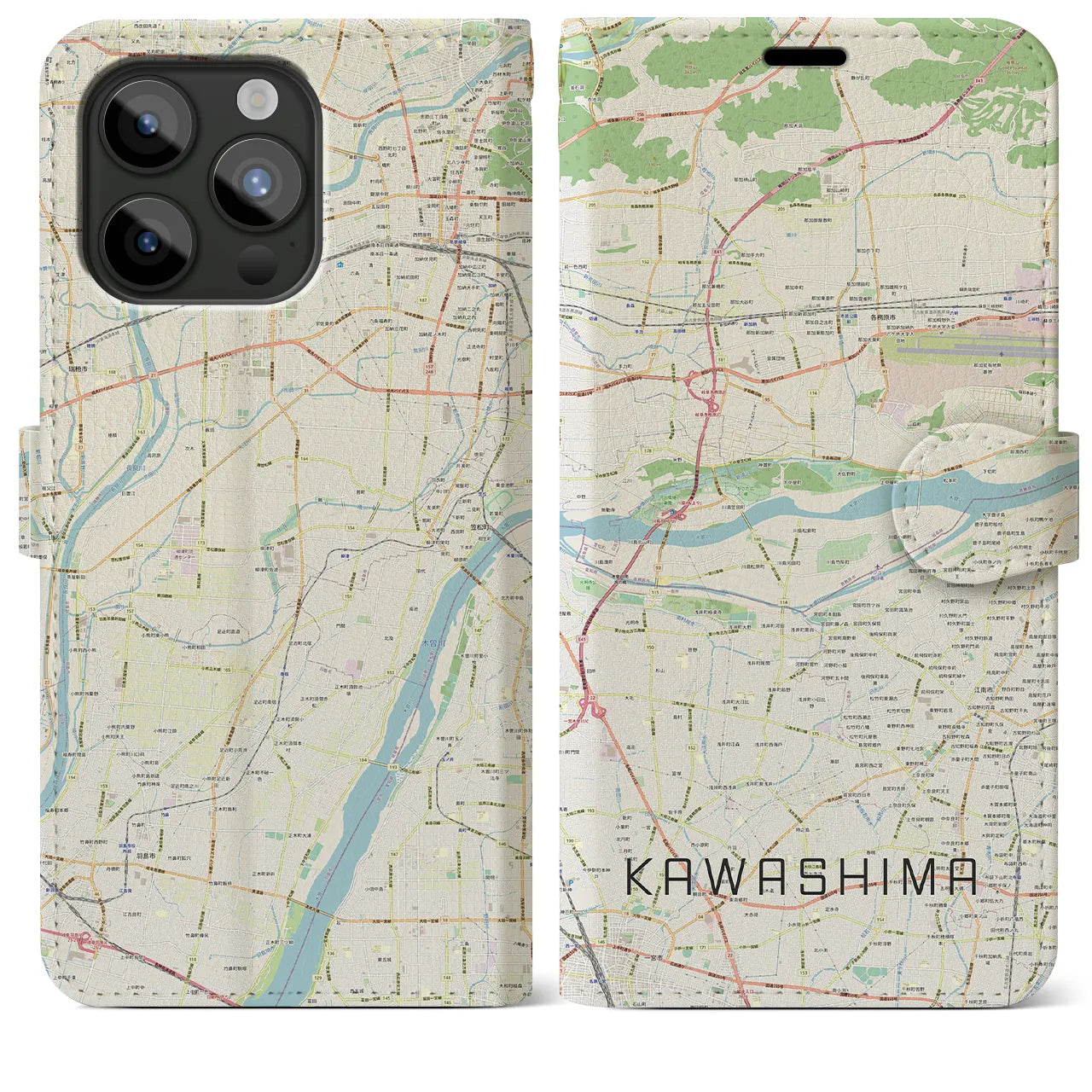【川島(岐阜県)】地図柄iPhoneケース(手帳タイプ)ナチュラル・iPhone 15 Pro Max 用