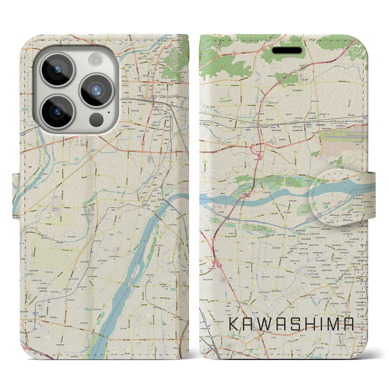 【川島(岐阜県)】地図柄iPhoneケース(手帳タイプ)ナチュラル・iPhone 15 Pro 用