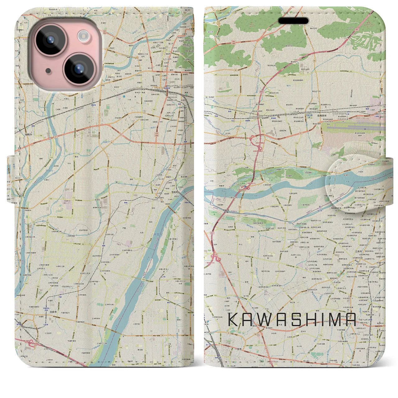 【川島(岐阜県)】地図柄iPhoneケース(手帳タイプ)ナチュラル・iPhone 15 Plus 用