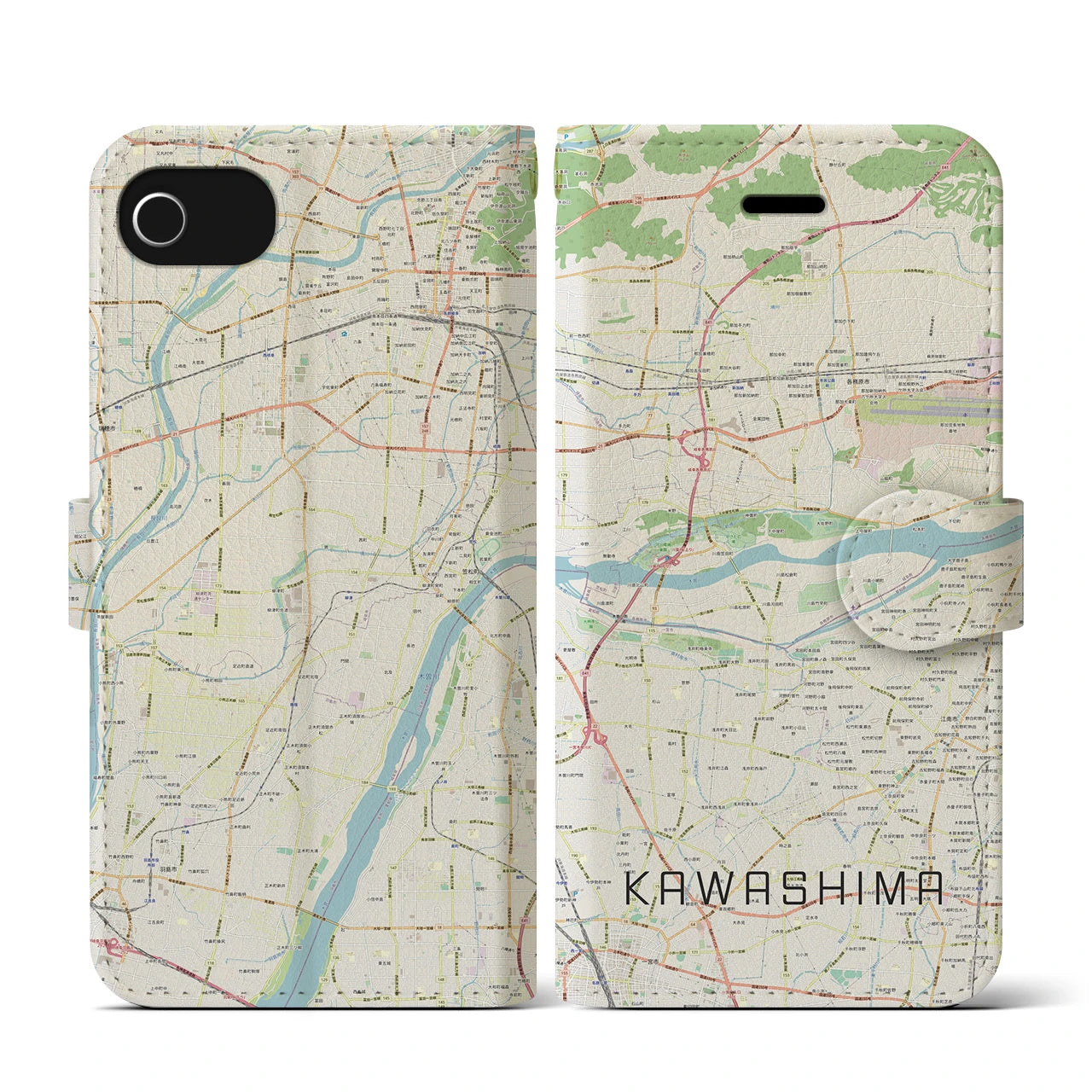 【川島(岐阜県)】地図柄iPhoneケース(手帳タイプ)ナチュラル・iPhone SE(第3 / 第2世代) / 8 / 7 / 6s / 6 用