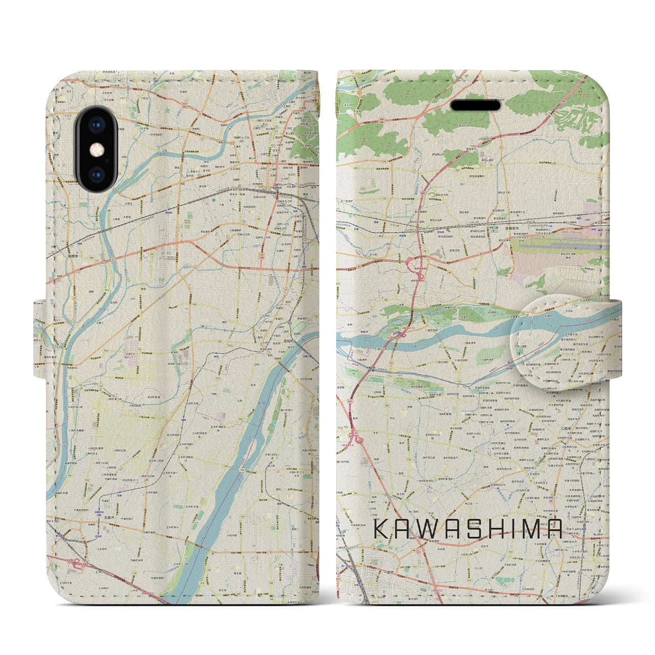 【川島(岐阜県)】地図柄iPhoneケース(手帳タイプ)ナチュラル・iPhone XS / X 用