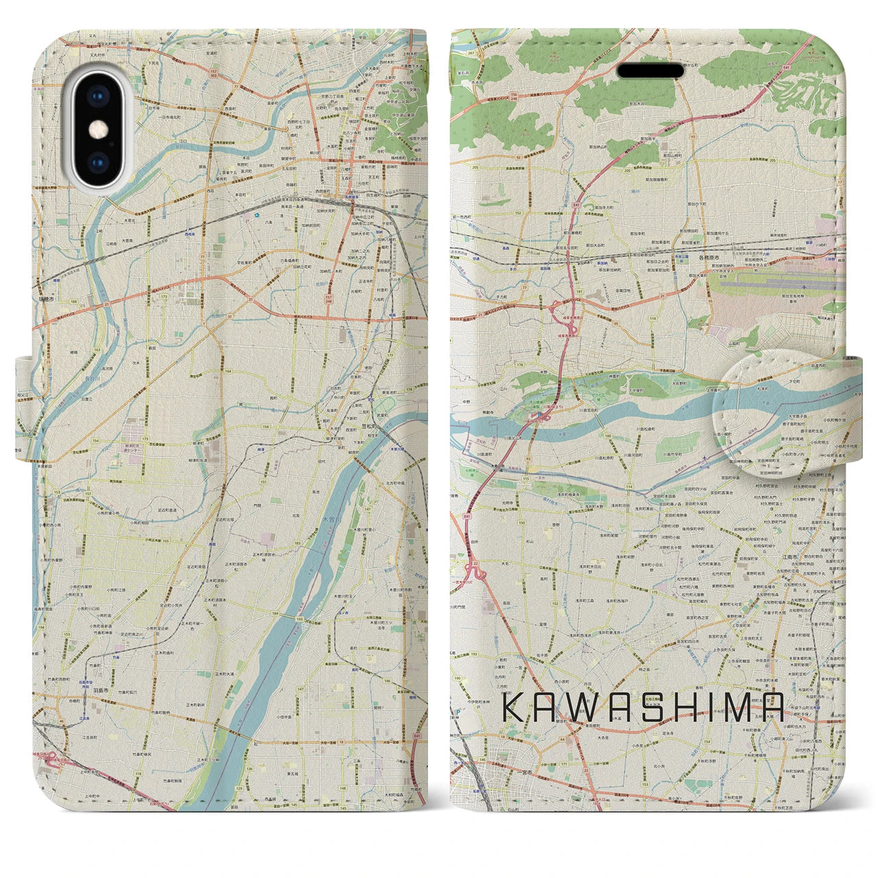 【川島(岐阜県)】地図柄iPhoneケース(手帳タイプ)ナチュラル・iPhone XS Max 用