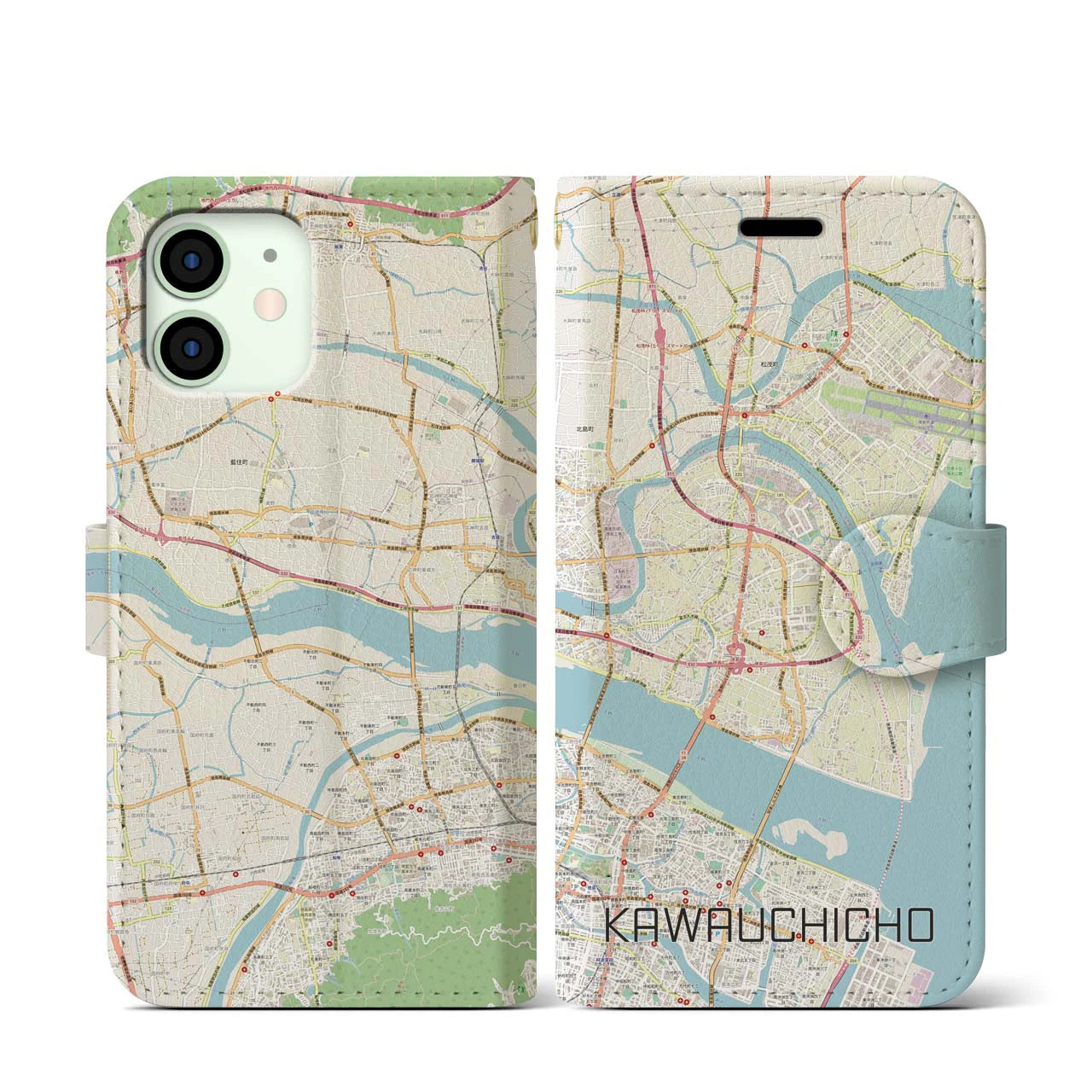 【川内町(徳島県)】地図柄iPhoneケース(手帳タイプ)ナチュラル・iPhone 12 mini 用