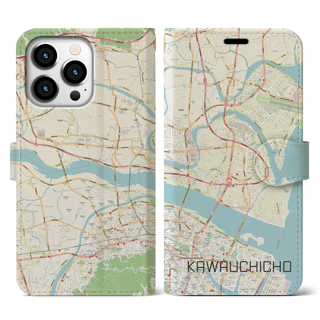 【川内町(徳島県)】地図柄iPhoneケース(手帳タイプ)ナチュラル・iPhone 13 Pro 用