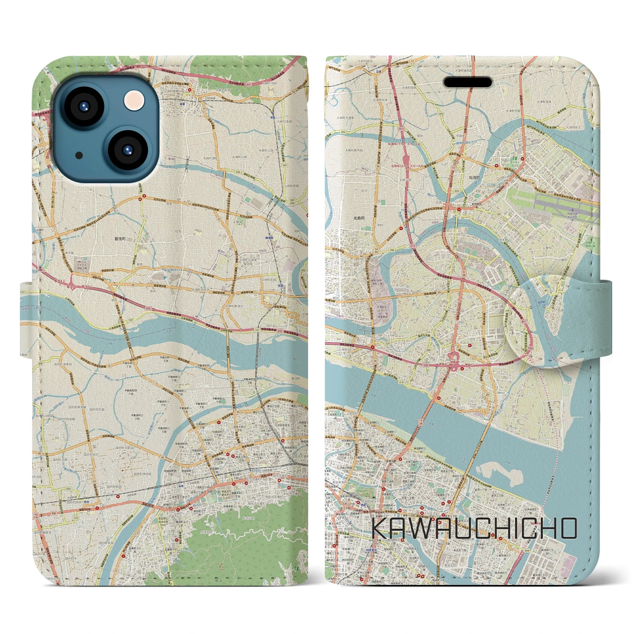 【川内町(徳島県)】地図柄iPhoneケース(手帳タイプ)ナチュラル・iPhone 13 用
