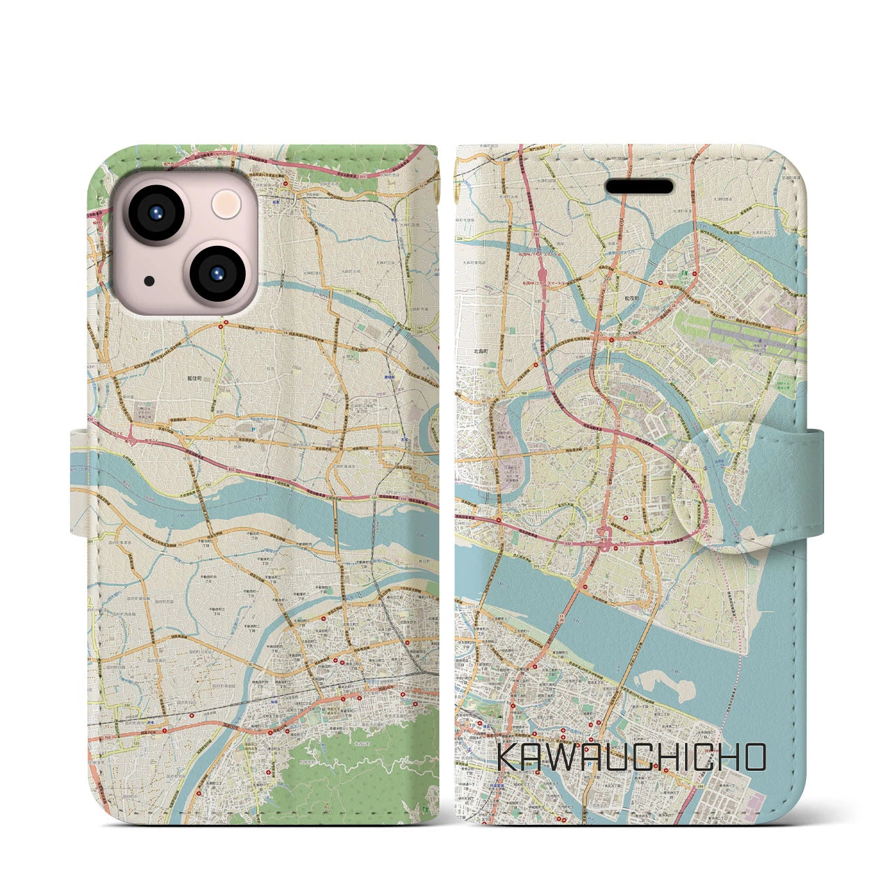 【川内町(徳島県)】地図柄iPhoneケース(手帳タイプ)ナチュラル・iPhone 13 mini 用