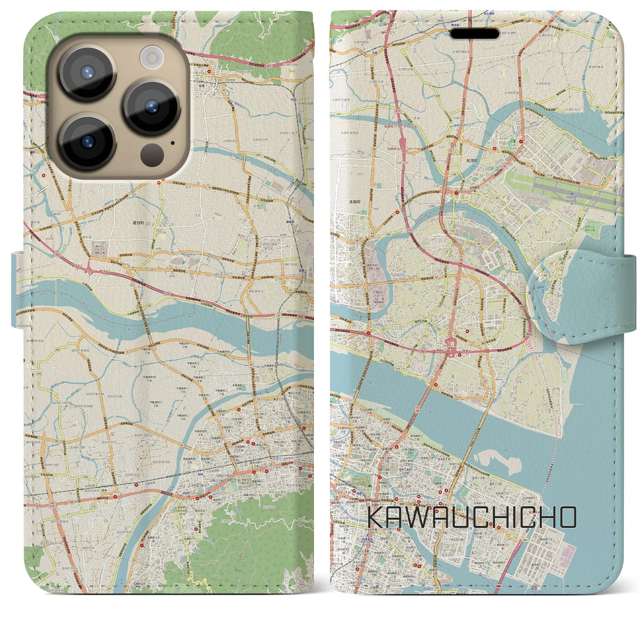 【川内町(徳島県)】地図柄iPhoneケース(手帳タイプ)ナチュラル・iPhone 14 Pro Max 用