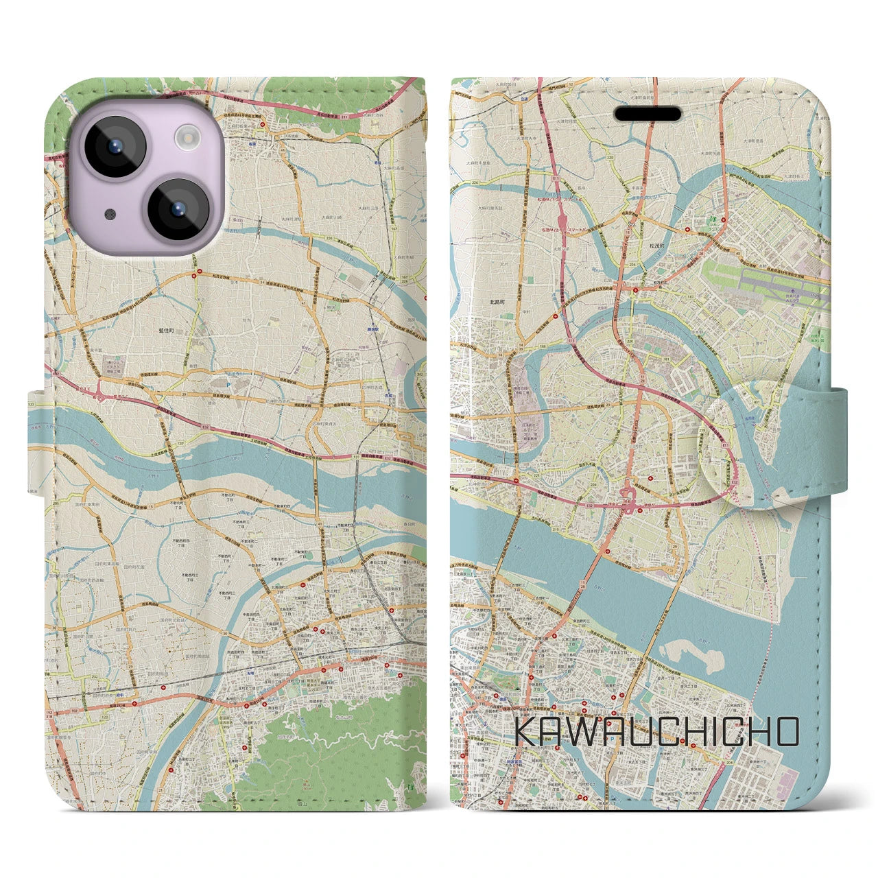 【川内町(徳島県)】地図柄iPhoneケース(手帳タイプ)ナチュラル・iPhone 14 用