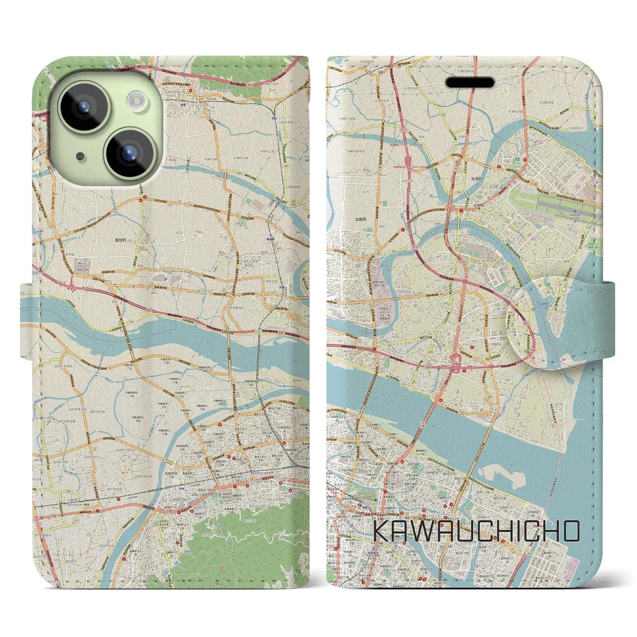 【川内町(徳島県)】地図柄iPhoneケース(手帳タイプ)ナチュラル・iPhone 15 用