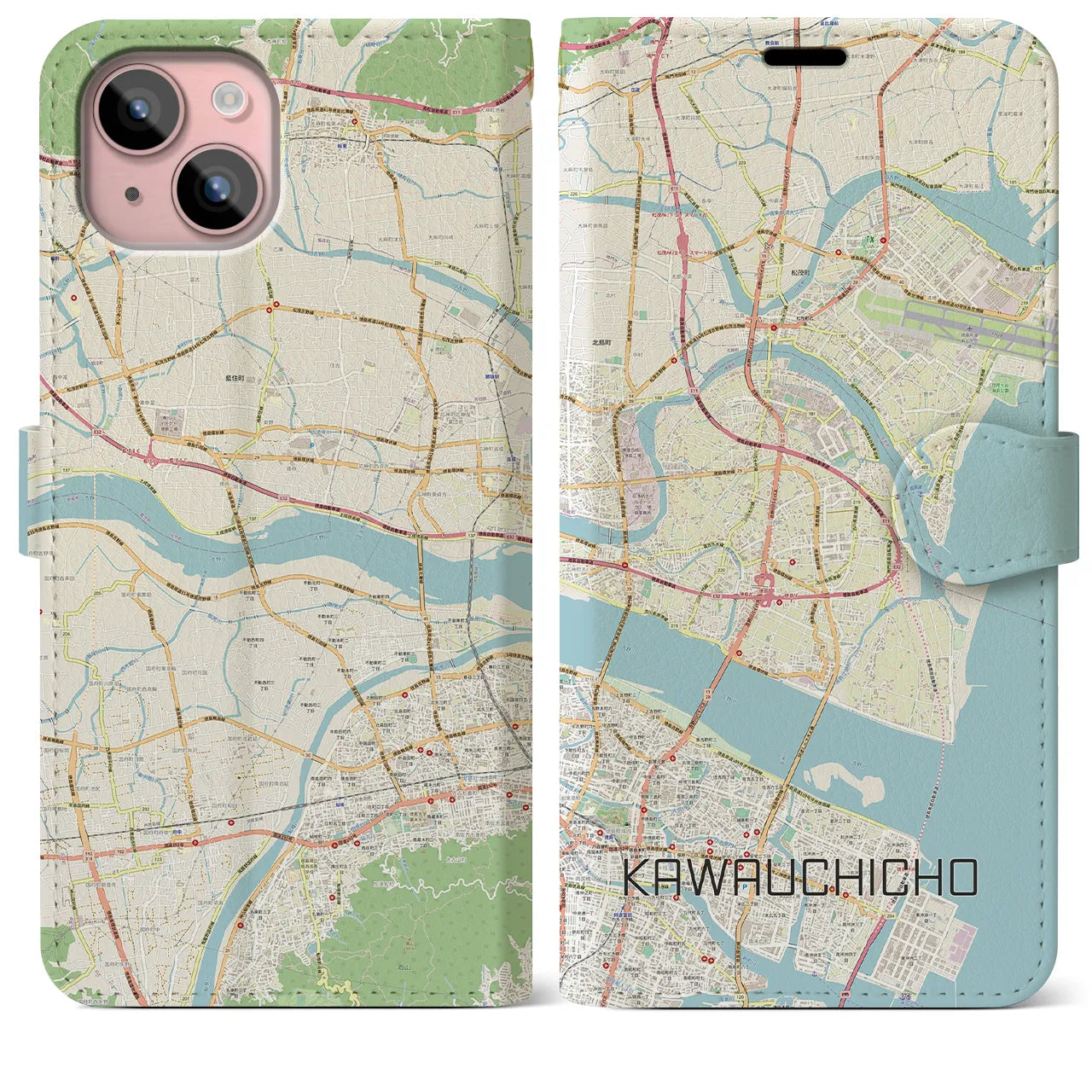【川内町(徳島県)】地図柄iPhoneケース(手帳タイプ)ナチュラル・iPhone 15 Plus 用