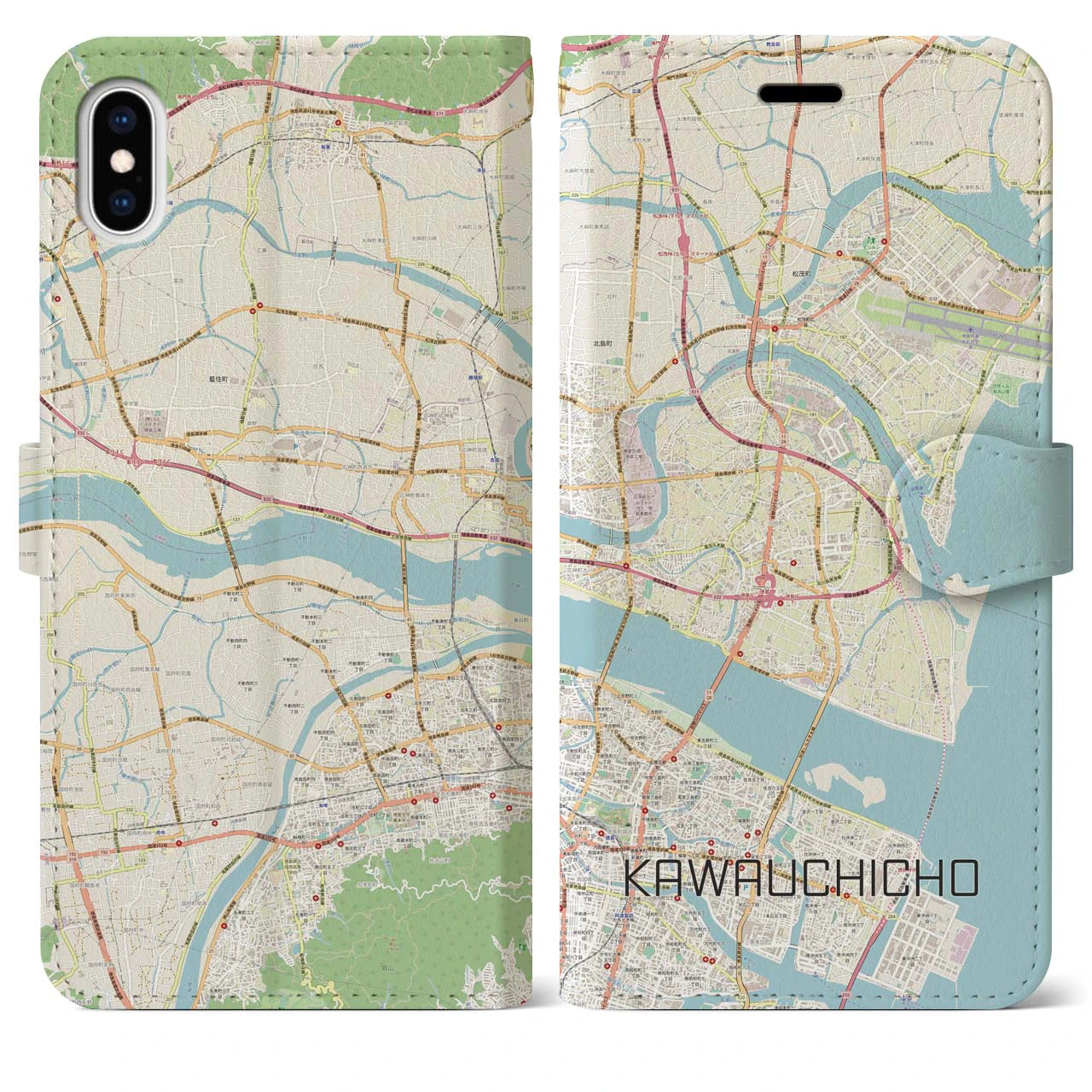 【川内町(徳島県)】地図柄iPhoneケース(手帳タイプ)ナチュラル・iPhone XS Max 用