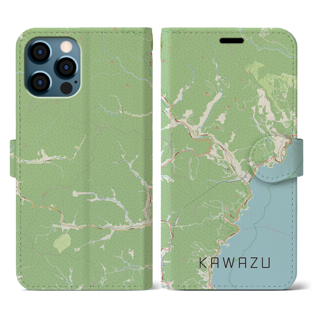 【河津(静岡県)】地図柄iPhoneケース(手帳タイプ)ナチュラル・iPhone 12 / 12 Pro 用