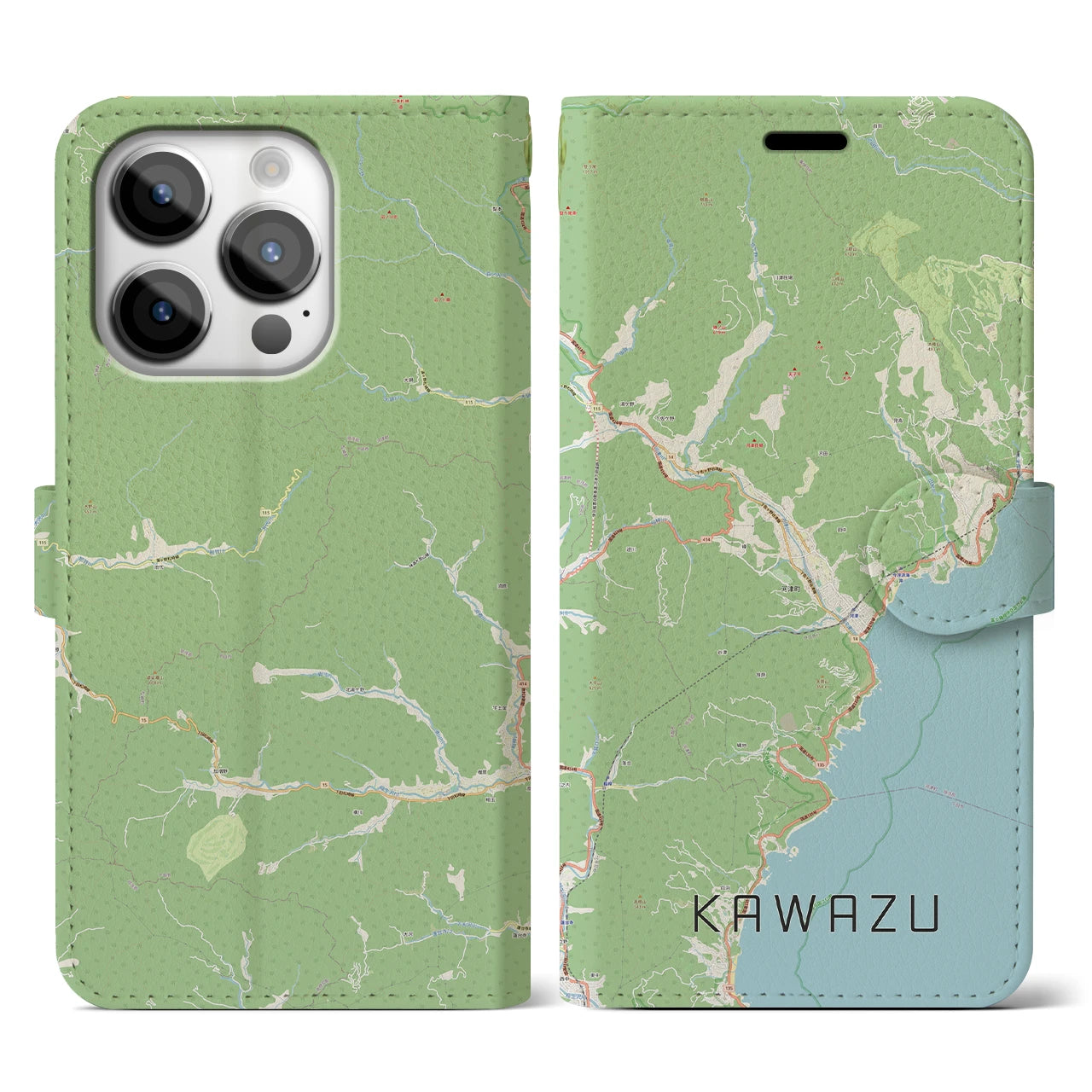 【河津(静岡県)】地図柄iPhoneケース(手帳タイプ)ナチュラル・iPhone 14 Pro 用