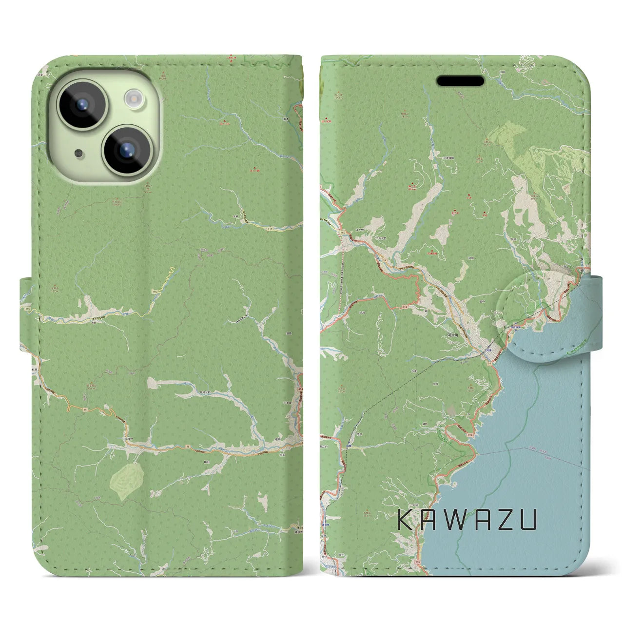 【河津(静岡県)】地図柄iPhoneケース(手帳タイプ)ナチュラル・iPhone 15 用