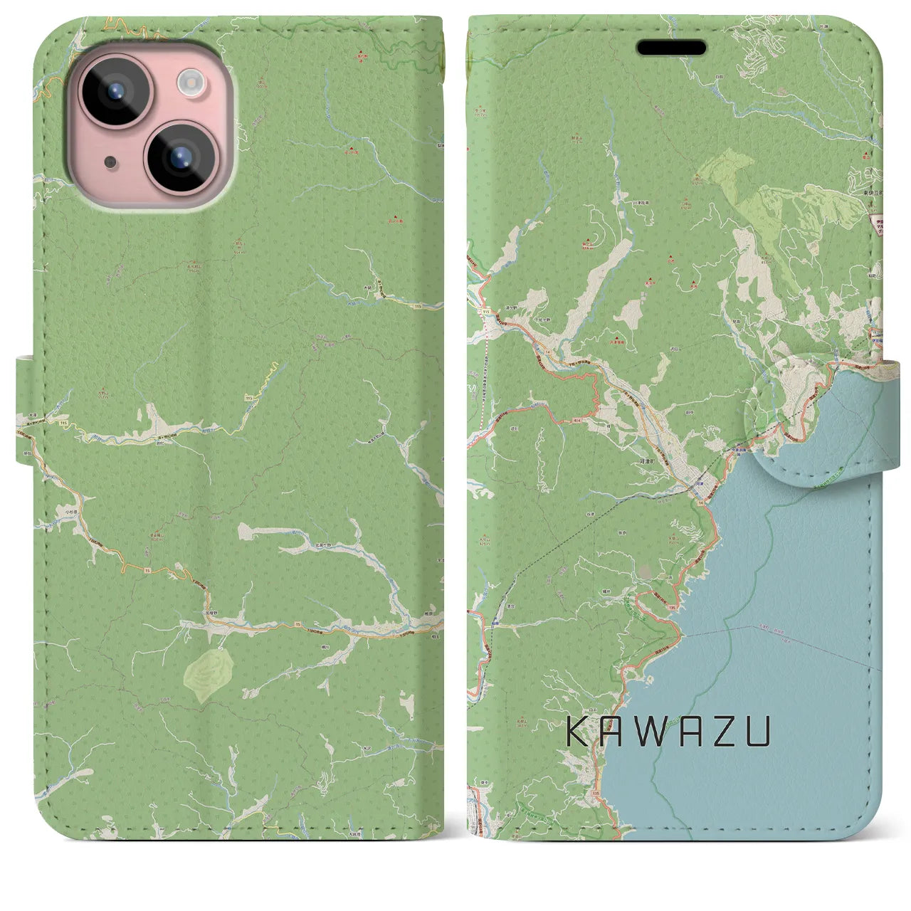 【河津(静岡県)】地図柄iPhoneケース(手帳タイプ)ナチュラル・iPhone 15 Plus 用