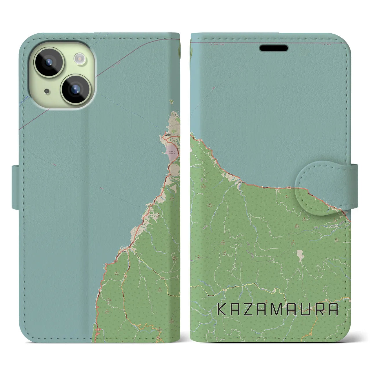 【風間浦(青森県)】地図柄iPhoneケース(手帳タイプ)ナチュラル・iPhone 15 用