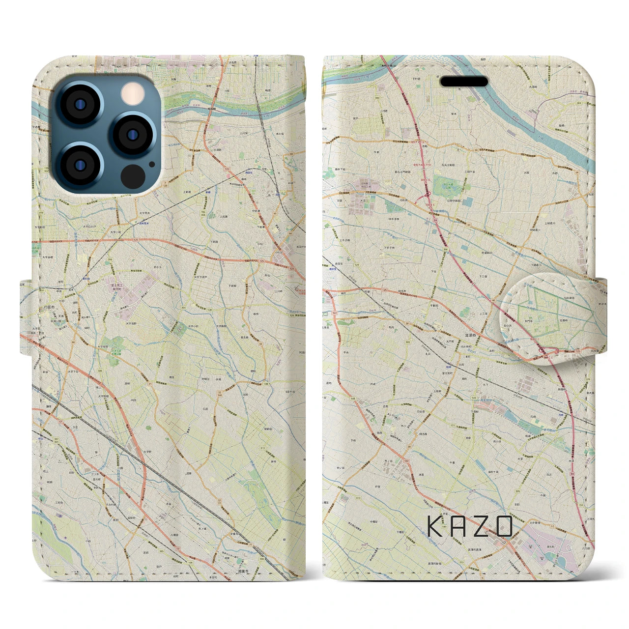 【加須(埼玉県)】地図柄iPhoneケース(手帳タイプ)ナチュラル・iPhone 12 / 12 Pro 用