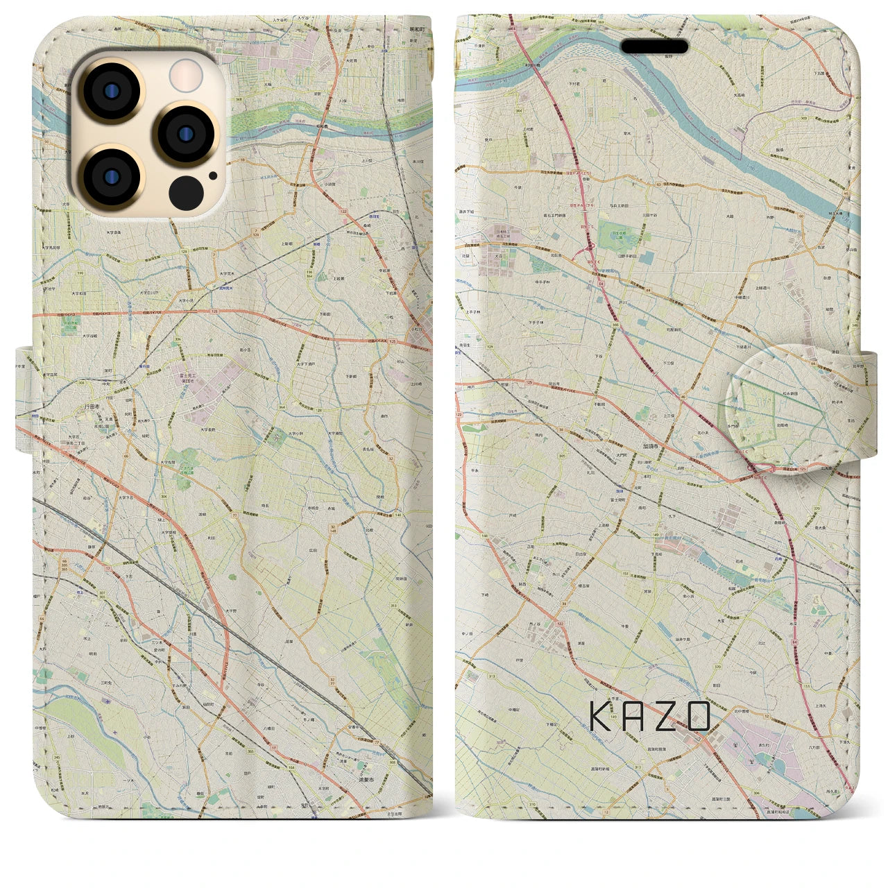 【加須(埼玉県)】地図柄iPhoneケース(手帳タイプ)ナチュラル・iPhone 12 Pro Max 用