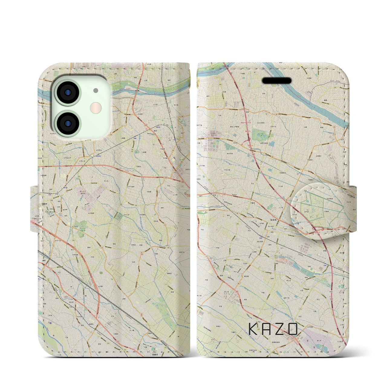 【加須(埼玉県)】地図柄iPhoneケース(手帳タイプ)ナチュラル・iPhone 12 mini 用