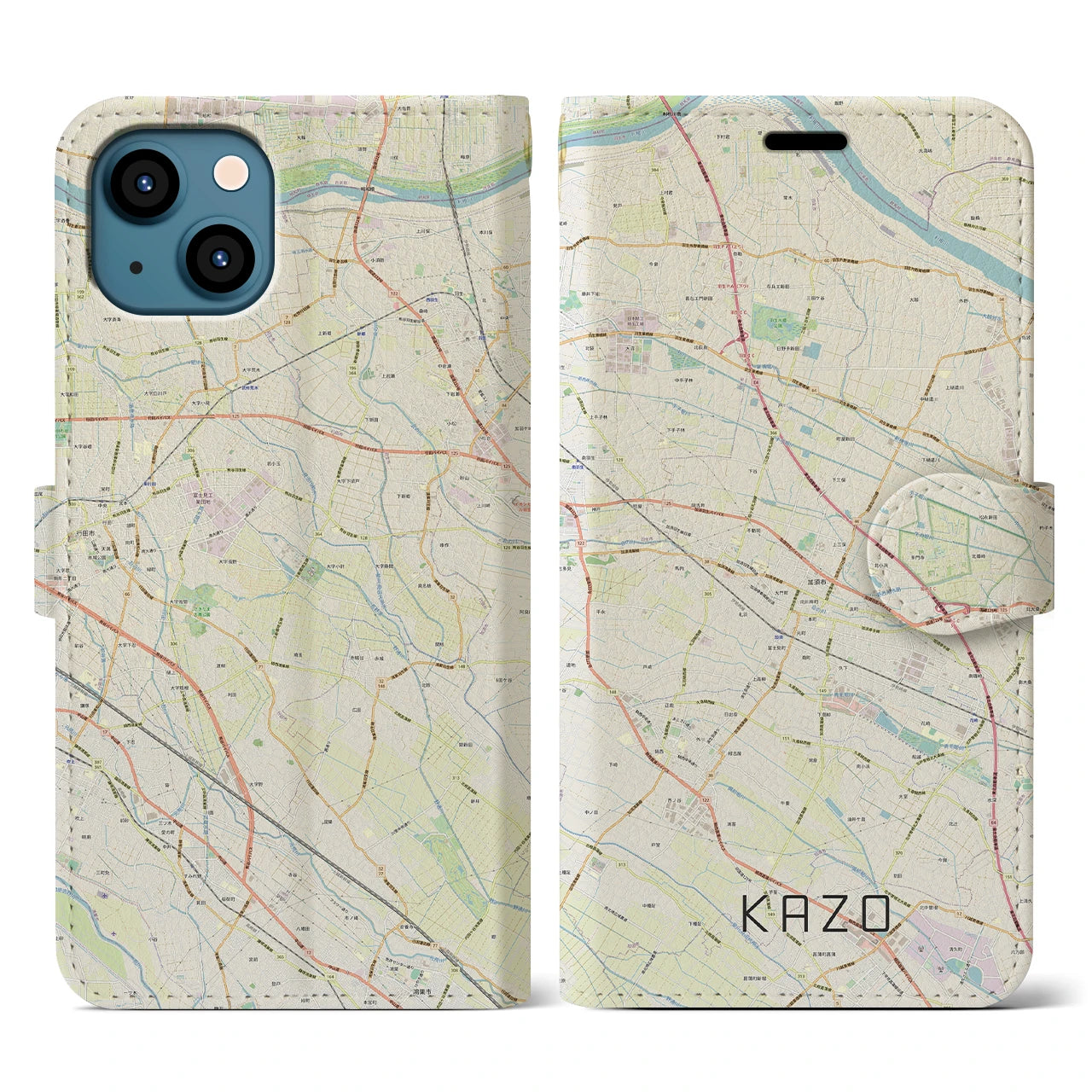 【加須(埼玉県)】地図柄iPhoneケース(手帳タイプ)ナチュラル・iPhone 13 用