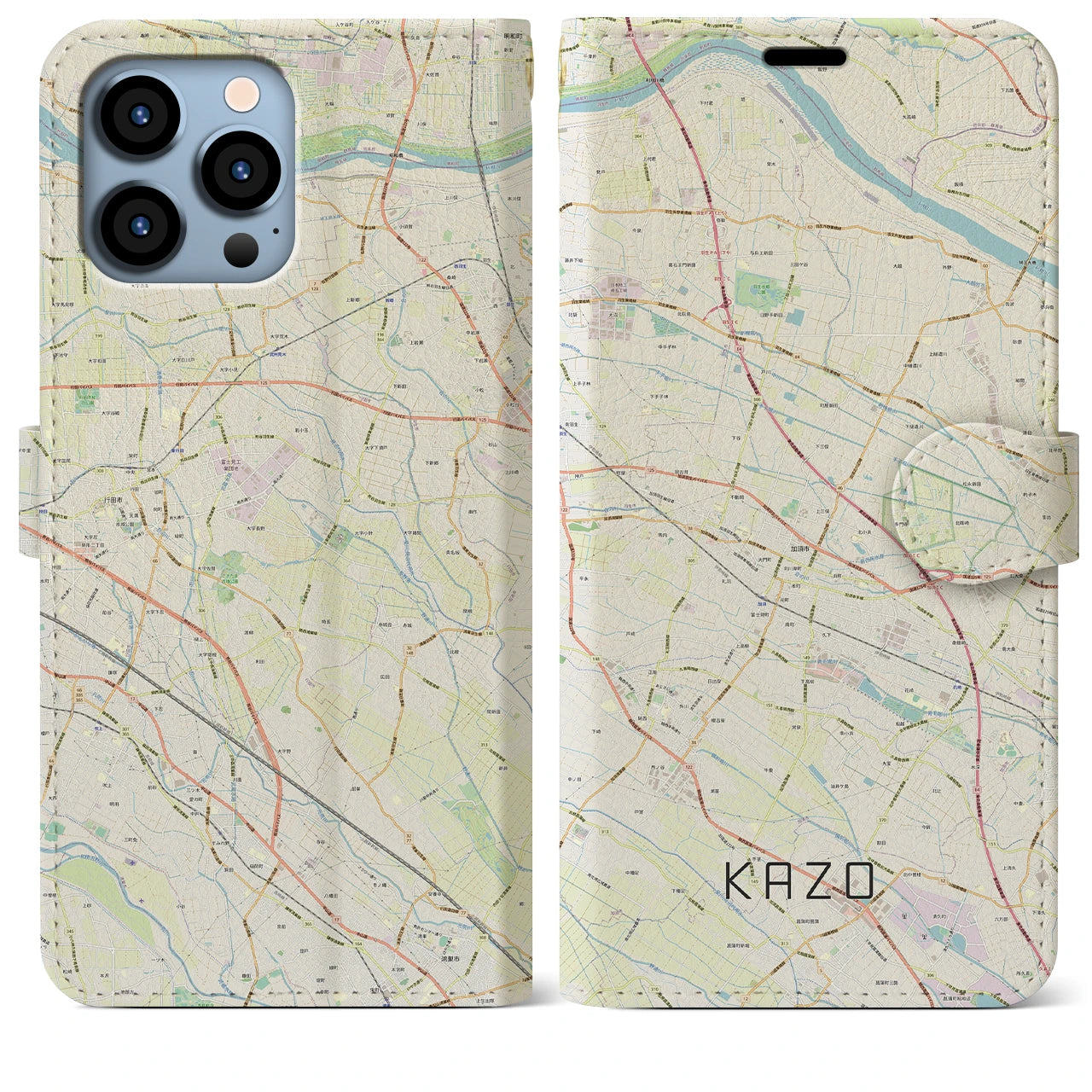【加須(埼玉県)】地図柄iPhoneケース(手帳タイプ)ナチュラル・iPhone 13 Pro Max 用