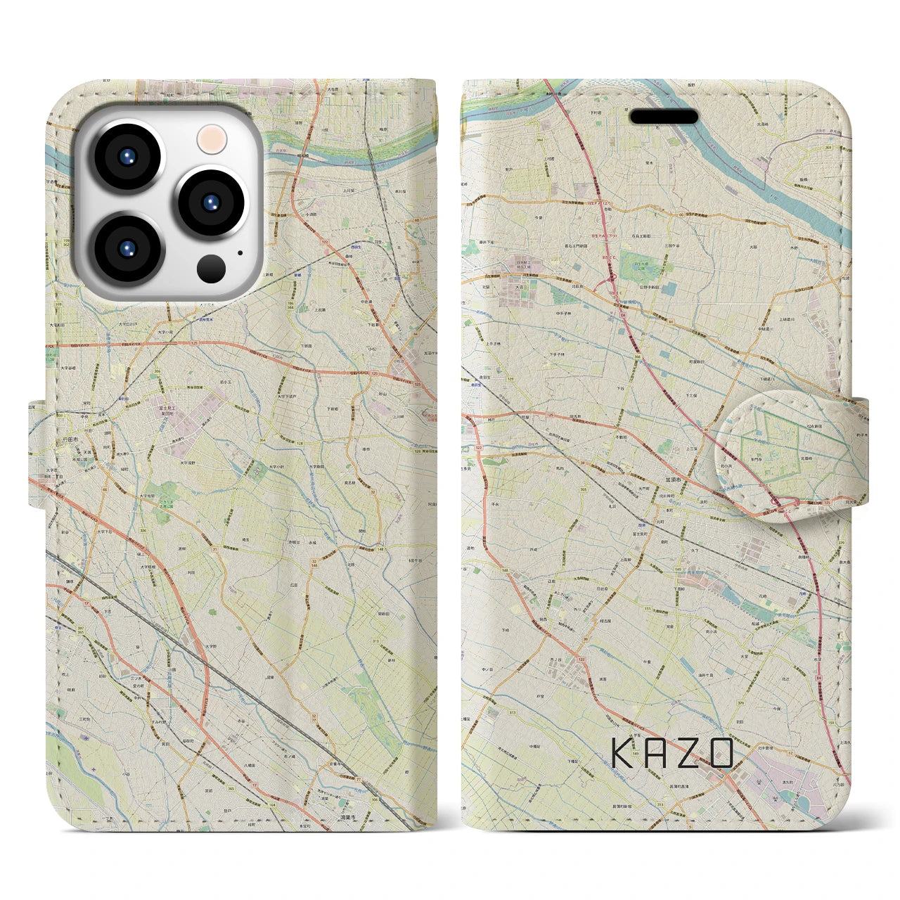 【加須(埼玉県)】地図柄iPhoneケース(手帳タイプ)ナチュラル・iPhone 13 Pro 用