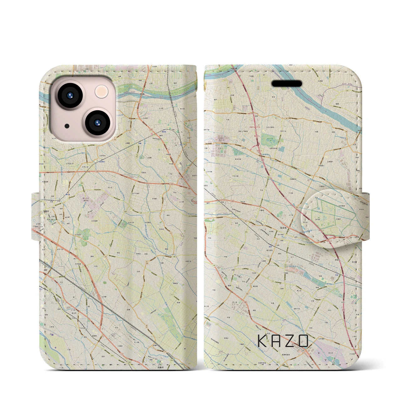 【加須(埼玉県)】地図柄iPhoneケース(手帳タイプ)ナチュラル・iPhone 13 mini 用