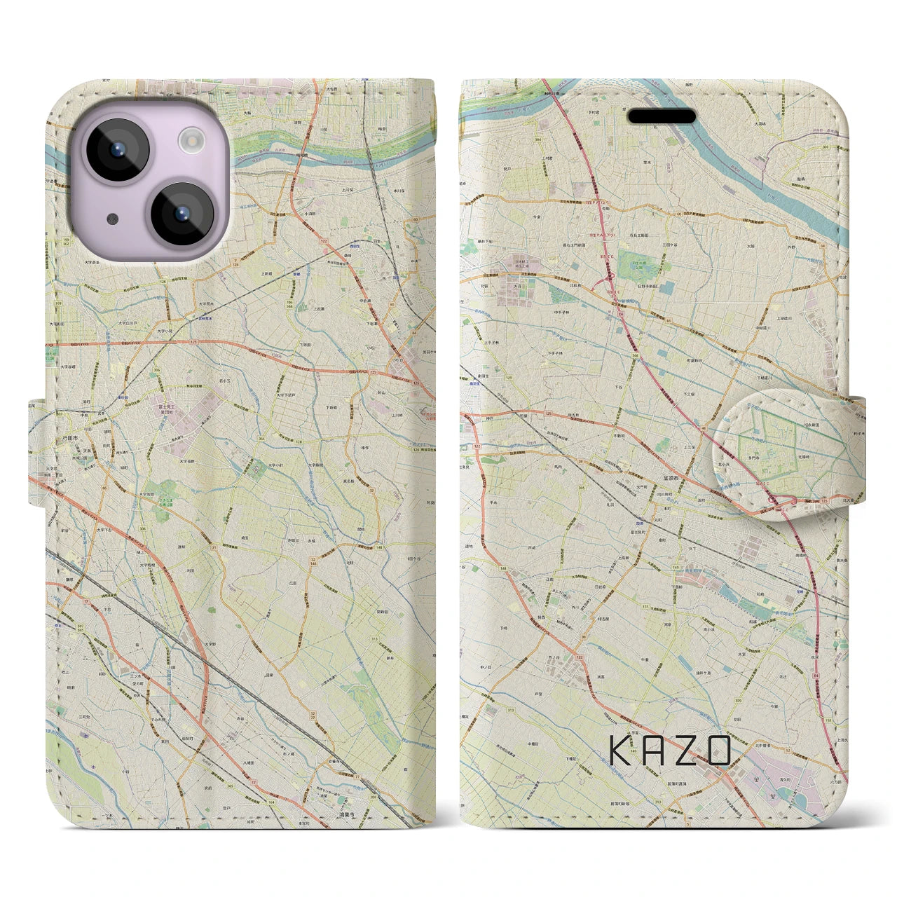 【加須(埼玉県)】地図柄iPhoneケース(手帳タイプ)ナチュラル・iPhone 14 用