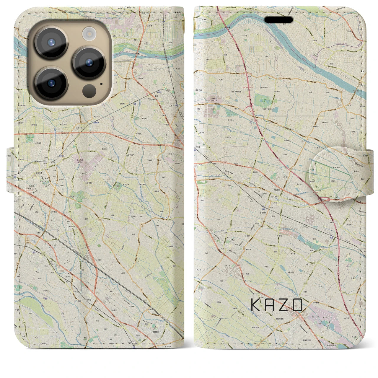 【加須(埼玉県)】地図柄iPhoneケース(手帳タイプ)ナチュラル・iPhone 14 Pro Max 用