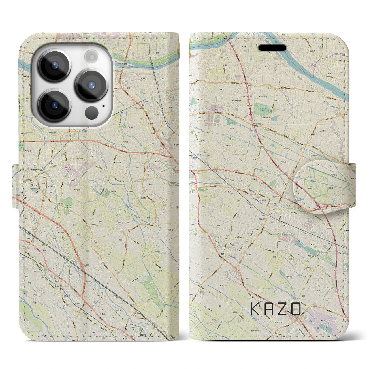 【加須(埼玉県)】地図柄iPhoneケース(手帳タイプ)ナチュラル・iPhone 14 Pro 用