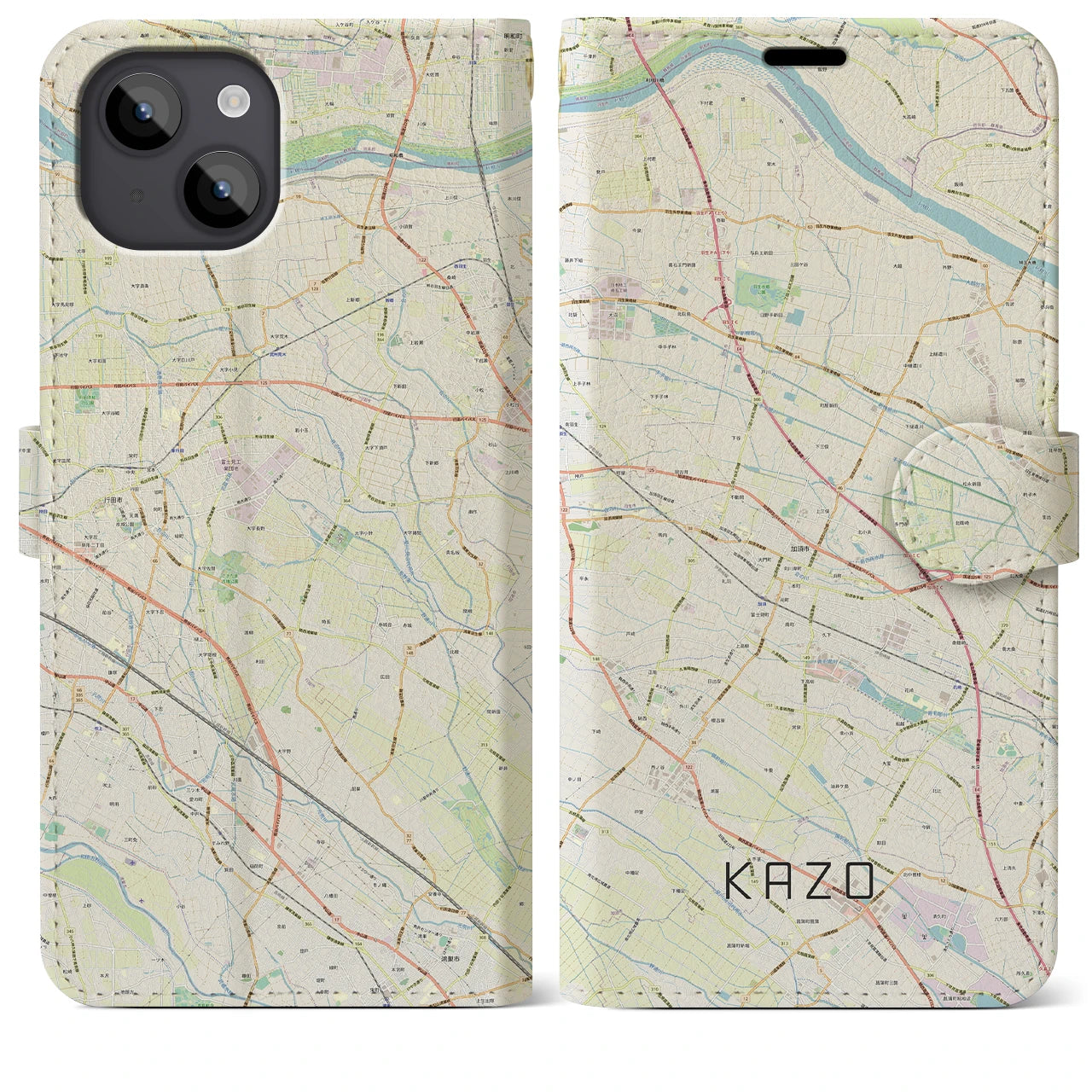 【加須(埼玉県)】地図柄iPhoneケース(手帳タイプ)ナチュラル・iPhone 14 Plus 用