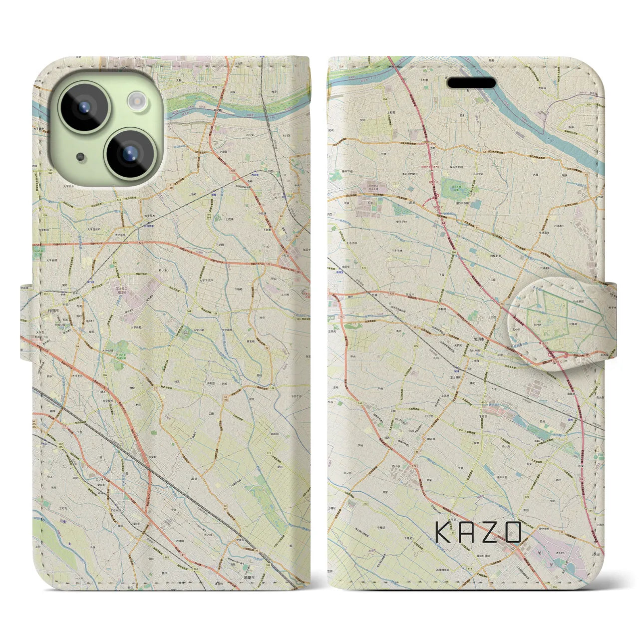【加須(埼玉県)】地図柄iPhoneケース(手帳タイプ)ナチュラル・iPhone 15 用