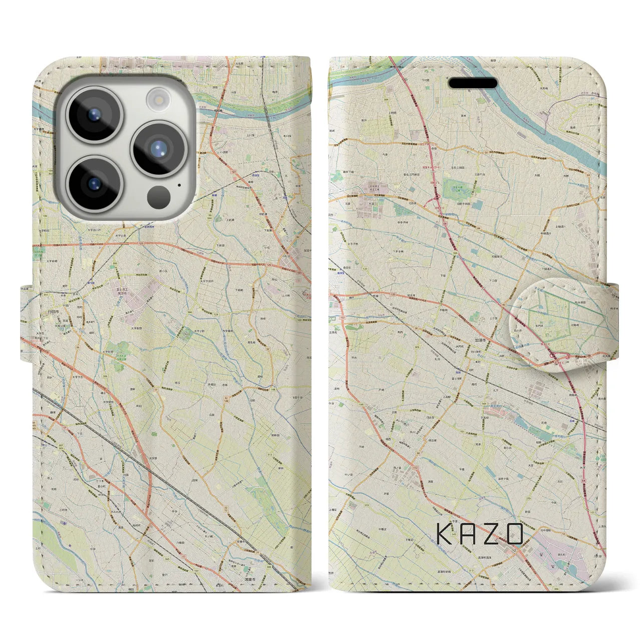 【加須(埼玉県)】地図柄iPhoneケース(手帳タイプ)ナチュラル・iPhone 15 Pro 用